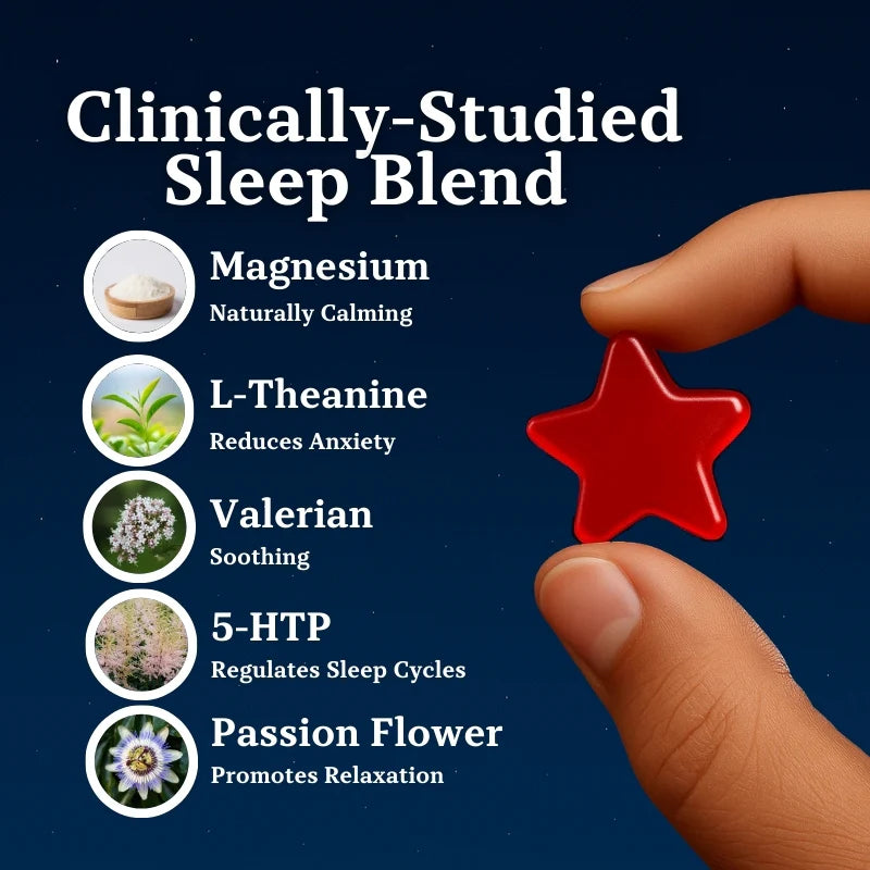 Sleep blend ingredients with a hand holding a red star against a dark blue background