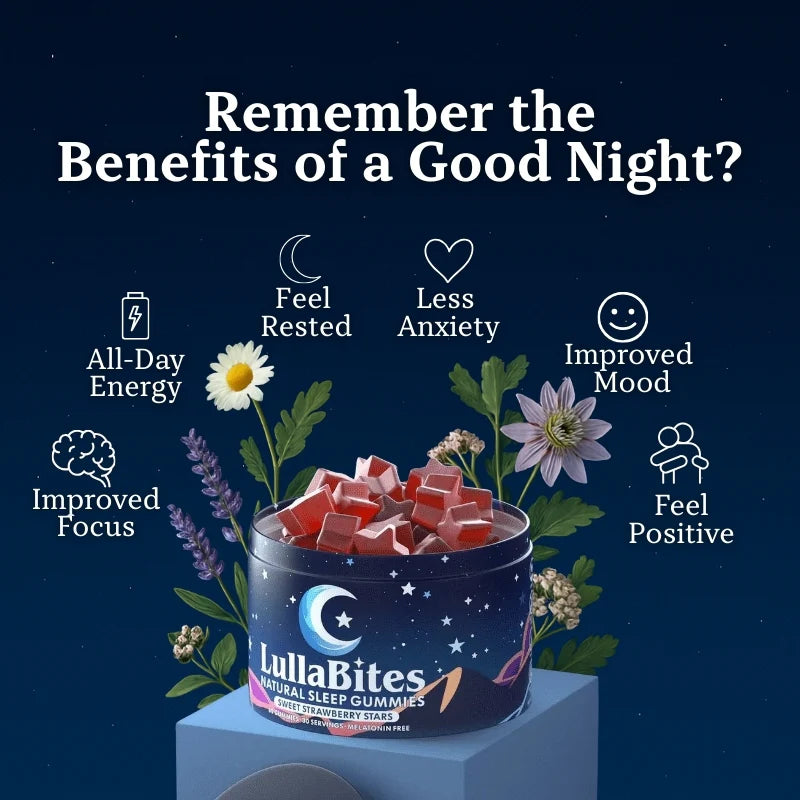 LullaBites sleep gummies with benefits listed on a dark blue background
