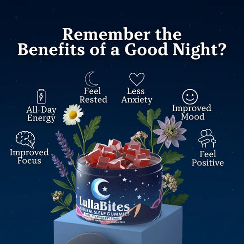 LullaBites sleep gummies with benefits listed on a dark blue background